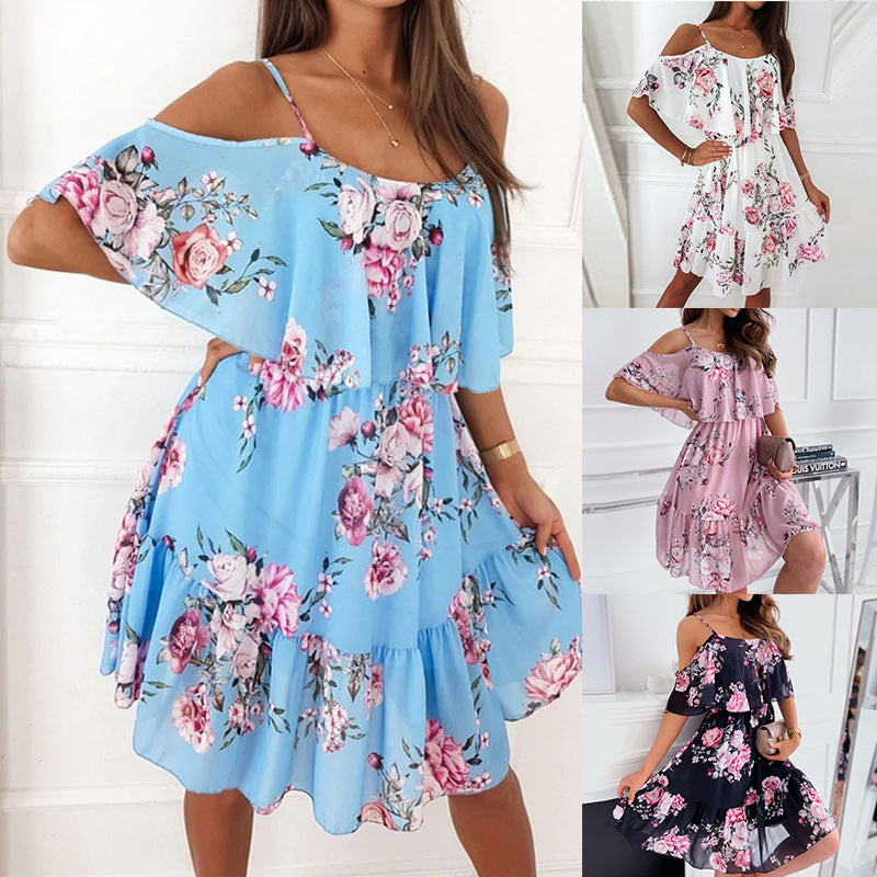 Floral Print Chiffon Off-Shoulder Dress