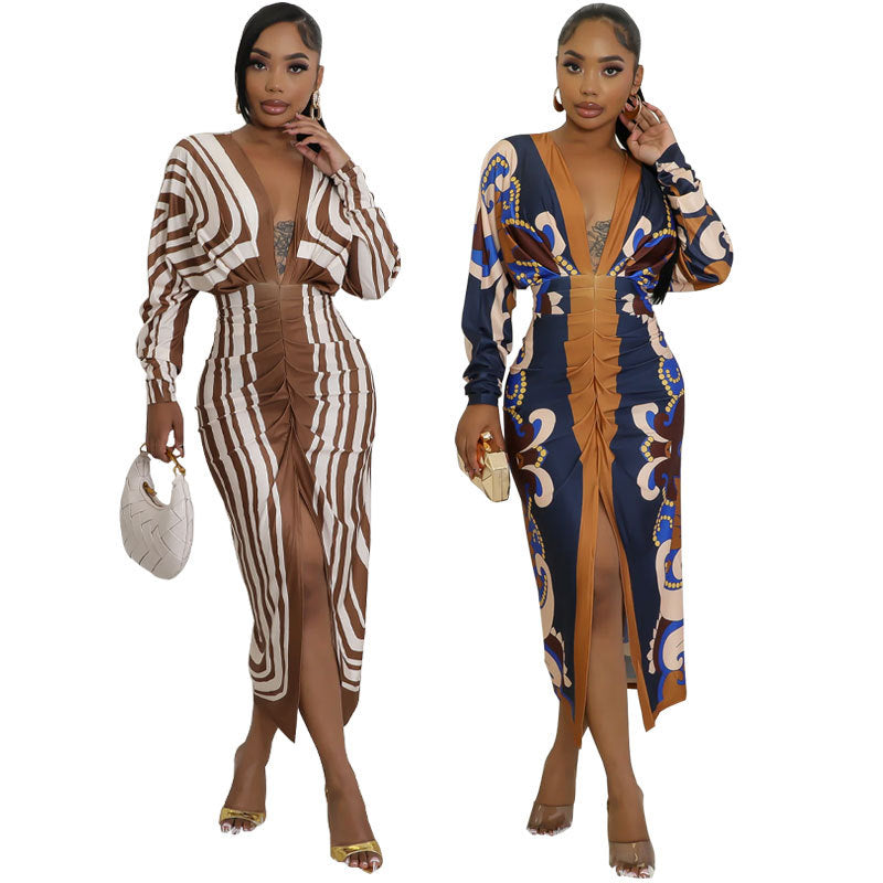 Women's Deep V-Neck Long-Sleeve Printed Dress