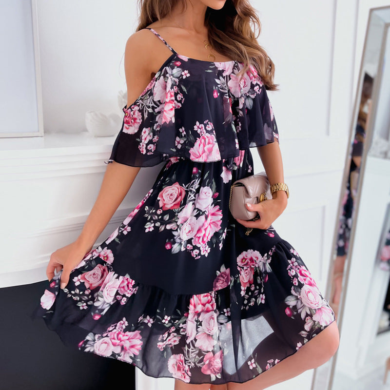 Floral Print Chiffon Off-Shoulder Dress