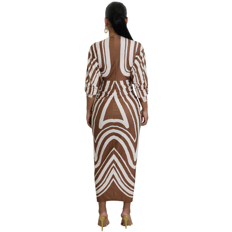 Women's Deep V-Neck Long-Sleeve Printed Dress