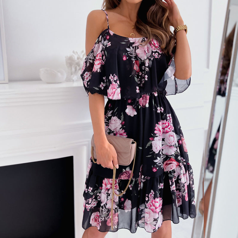 Floral Print Chiffon Off-Shoulder Dress