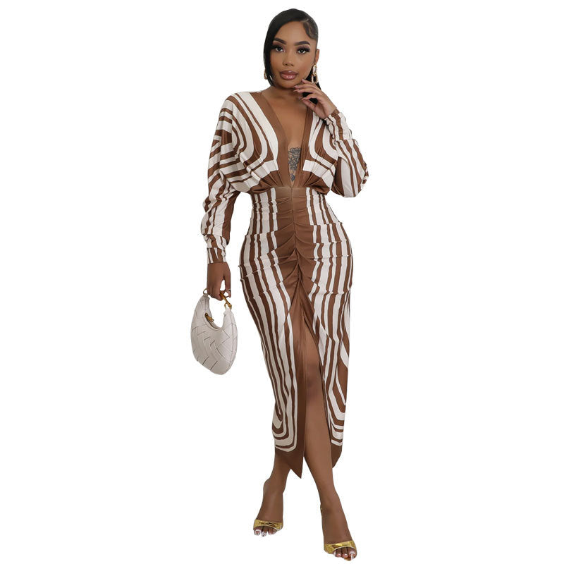 Women's Deep V-Neck Long-Sleeve Printed Dress