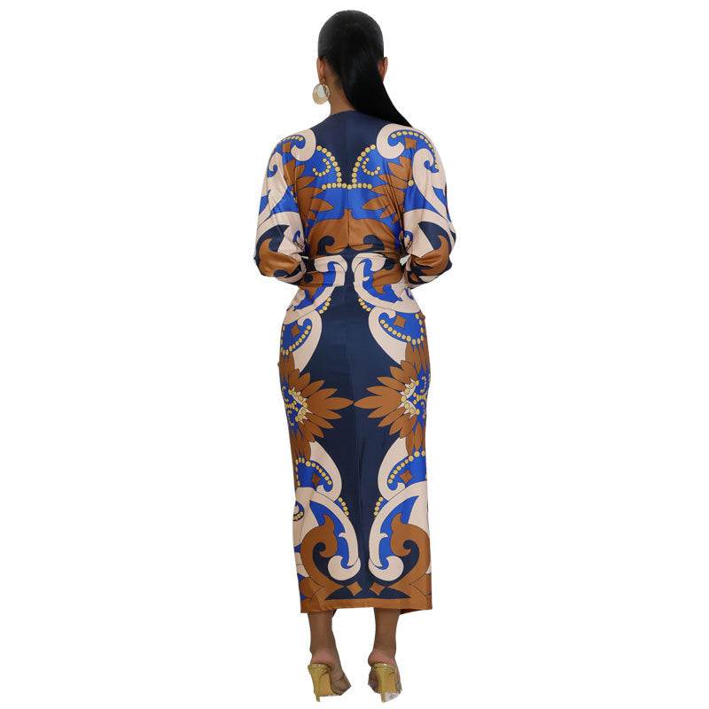 Women's Deep V-Neck Long-Sleeve Printed Dress