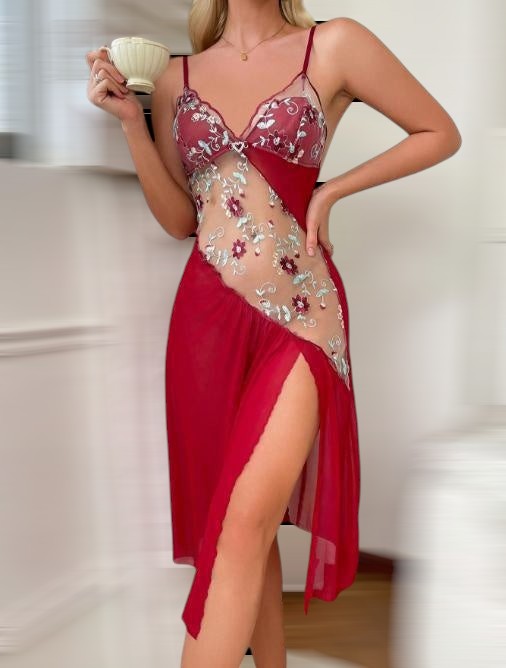 Beauté Cosmétiques & Vêtements Femme funfit nuisette longue rouge en maille transparente avec broderies florales