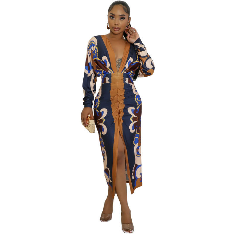 Women's Deep V-Neck Long-Sleeve Printed Dress